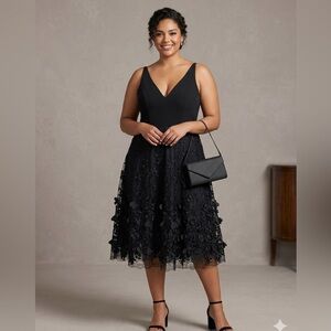 Dress the Population Black V-Neck Lace Appliqué Midi Dress